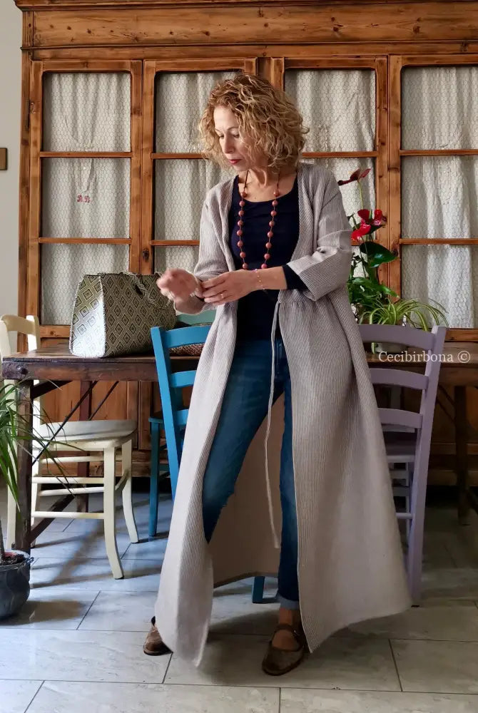 Abito spolverino in lino rigato celeste ed écru con Lurex (Ref. 503) abito donna