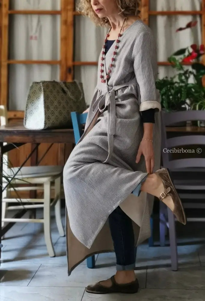 Abito spolverino in lino rigato celeste ed écru con Lurex (Ref. 503) abito donna