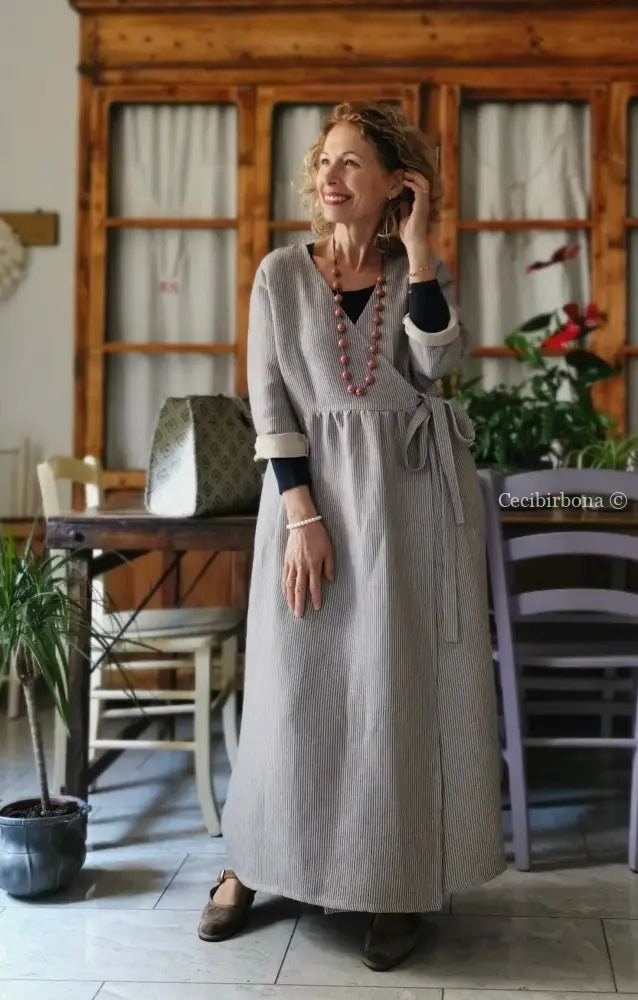 Abito spolverino in lino rigato celeste ed écru con Lurex (Ref. 503) abito donna