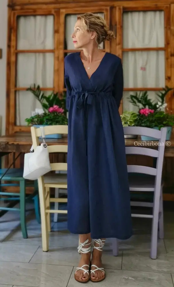 Abito stile impero con fiocco in lino blu (Ref. 189) 42 abito donna