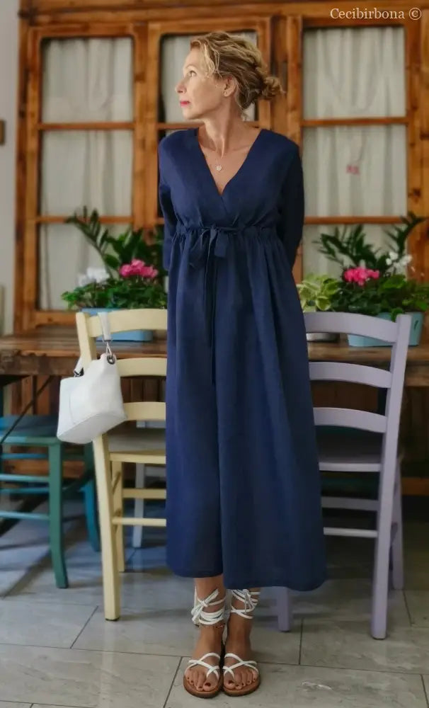 Abito stile impero con fiocco in lino blu (Ref. 189) 42 abito donna