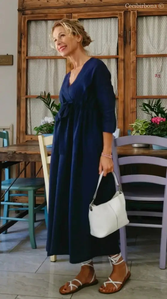 Abito stile impero con fiocco in lino blu (Ref. 189) 42 abito donna