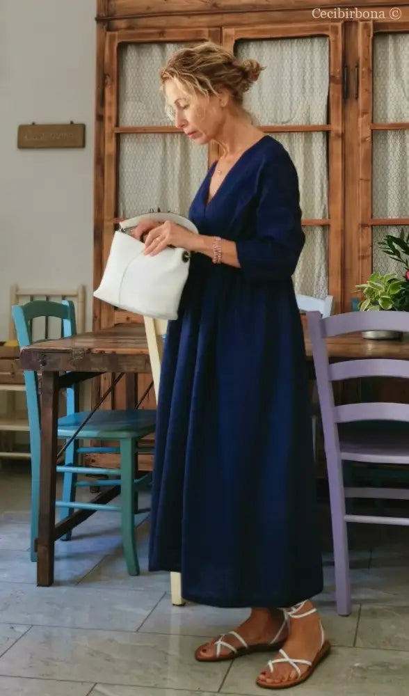 Abito stile impero con fiocco in lino blu (Ref. 189) 42 abito donna