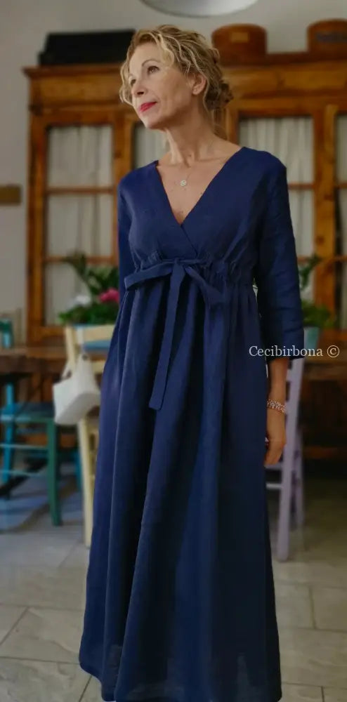 Abito stile impero con fiocco in lino blu (Ref. 189) 42 abito donna
