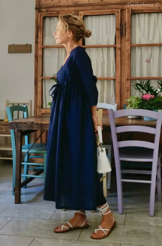 Abito stile impero con fiocco in lino blu (Ref. 189) 42 abito donna