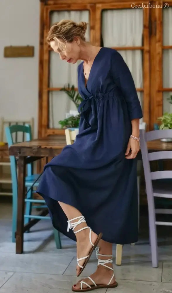 Abito stile impero con fiocco in lino blu (Ref. 189) 42 abito donna