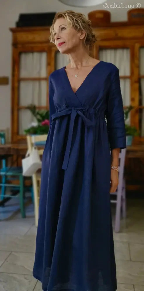 Abito stile impero con fiocco in lino blu (Ref. 189) 42 abito donna