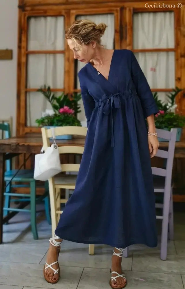 Abito stile impero con fiocco in lino blu (Ref. 189) 42 abito donna