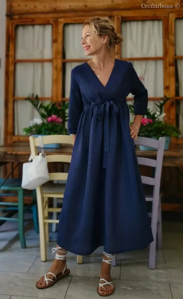 Abito stile impero con fiocco in lino blu (Ref. 189) 42 abito donna