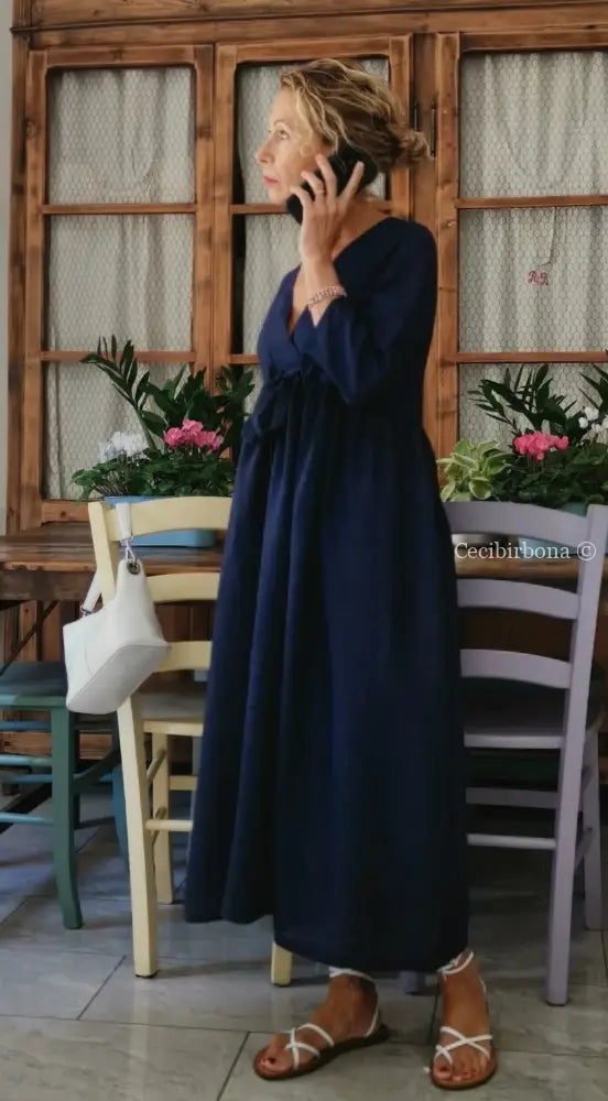 Abito stile impero con fiocco in lino blu (Ref. 189) 42 abito donna