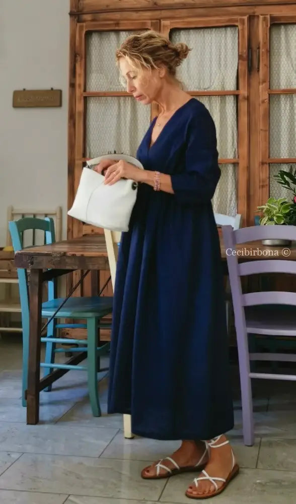 Abito stile impero con fiocco in lino blu (Ref. 189) 42 abito donna