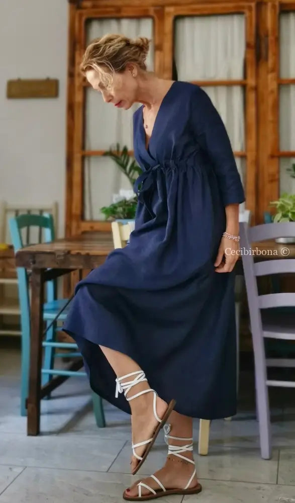 Abito stile impero con fiocco in lino blu (Ref. 189) 42 abito donna
