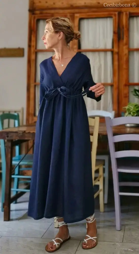 Abito stile impero con fiocco in lino blu (Ref. 189) 42 abito donna