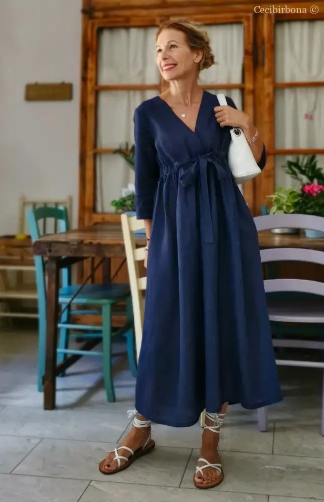 Abito stile impero con fiocco in lino blu (Ref. 189) 42 abito donna