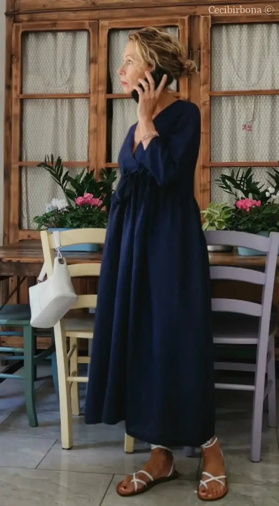 Abito stile impero con fiocco in lino blu (Ref. 189) 42 abito donna