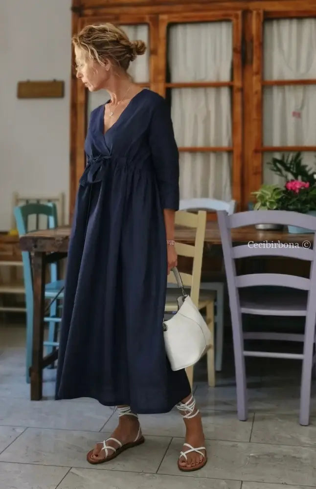Abito stile impero con fiocco in lino blu (Ref. 189) 42 abito donna