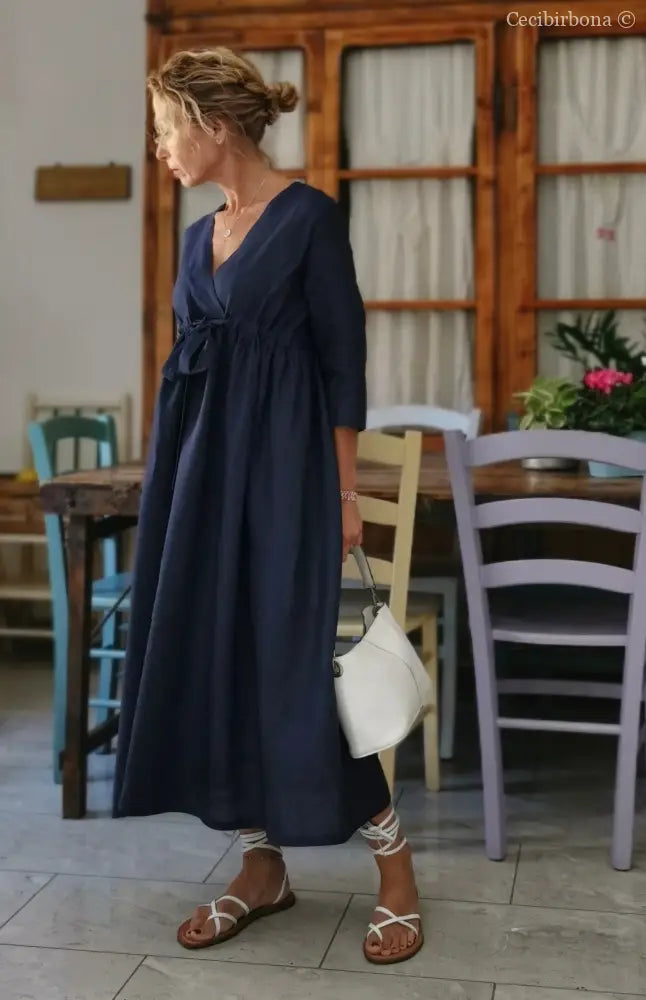 Abito stile impero con fiocco in lino blu (Ref. 189) 42 abito donna