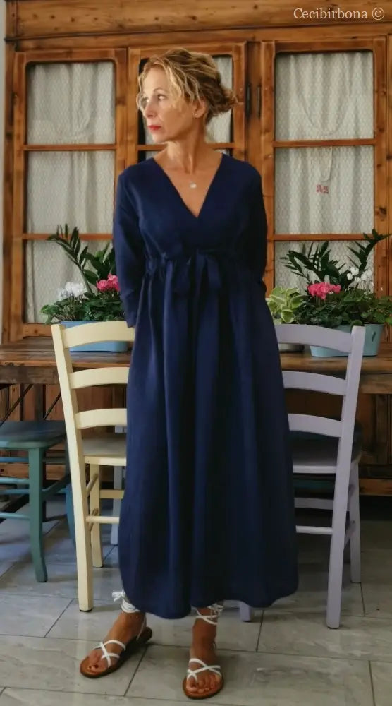 Abito stile impero con fiocco in lino blu (Ref. 189) 42 abito donna