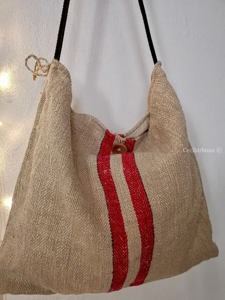 Borsa unisex con tracolla realizzata in stoffa antica per sacchi di grano - shopper - borsa per il mare borsa