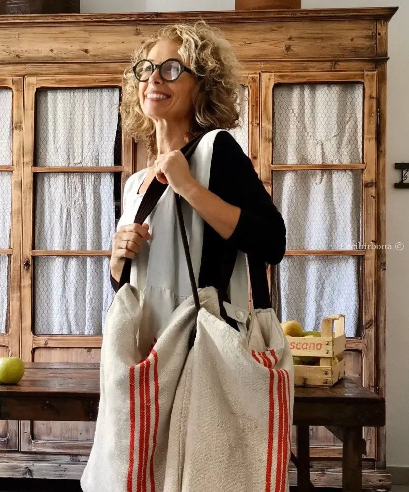 Borsa unisex con tracolla realizzata in stoffa antica per sacchi di grano - shopper - borsa per il mare borsa