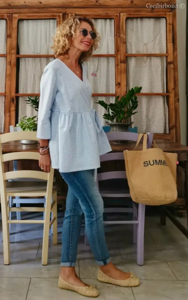 Camicia a quadrettini celesti incrociata (Ref. 186) Small camicia donna