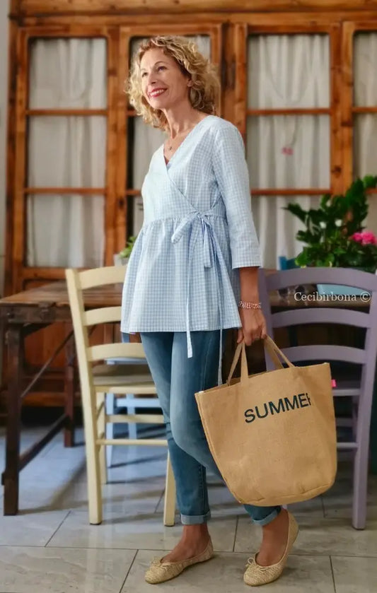 Camicia a quadrettini celesti incrociata (Ref. 186) Small camicia donna