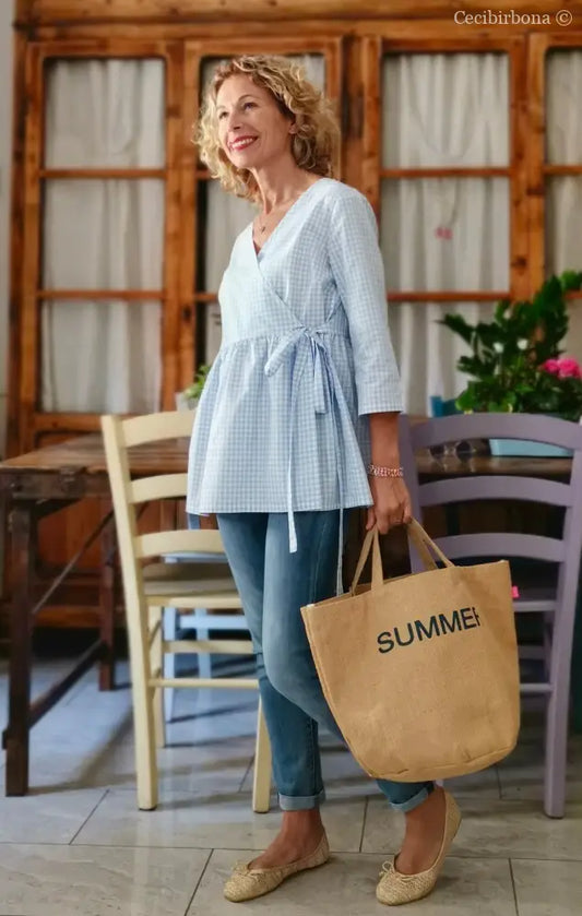 Camicia a quadrettini celesti incrociata (Ref. 186) Small camicia donna