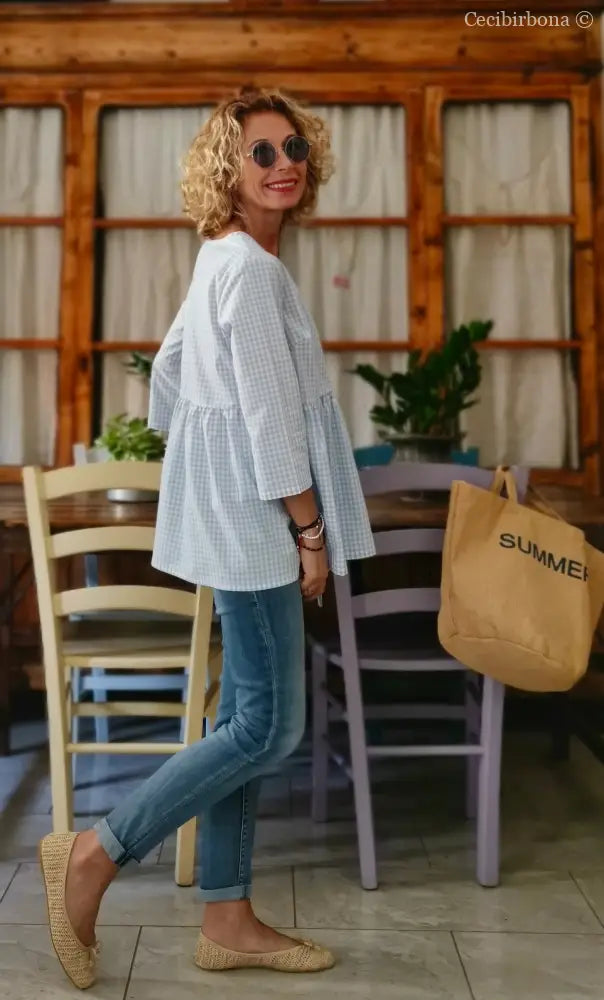 Camicia a quadrettini celesti incrociata (Ref. 186) Small camicia donna