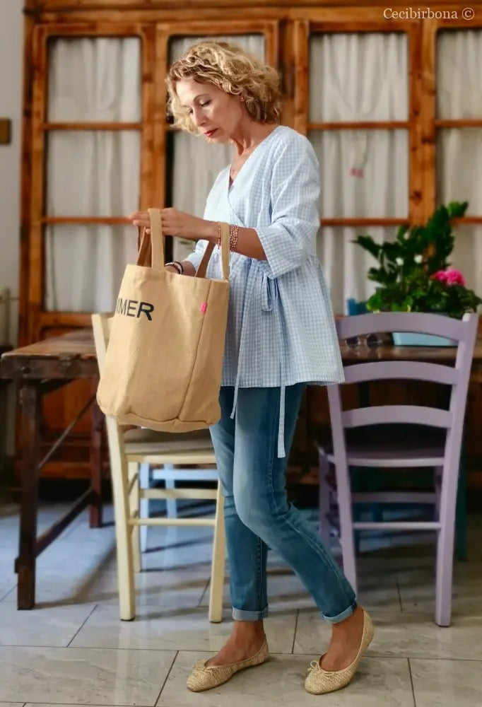 Camicia a quadrettini celesti incrociata (Ref. 186) Small camicia donna