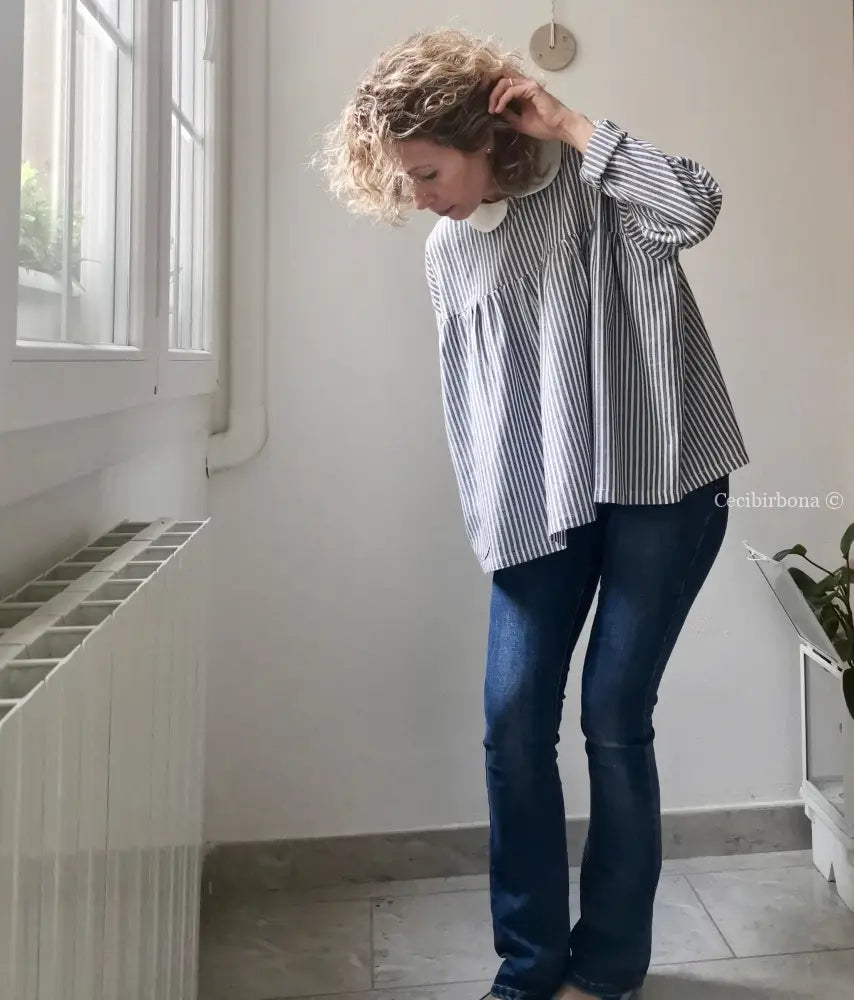 Camicia da donna in lino e cotone a righe blu e bianco con colletto tondo - camicia boho camicia donna