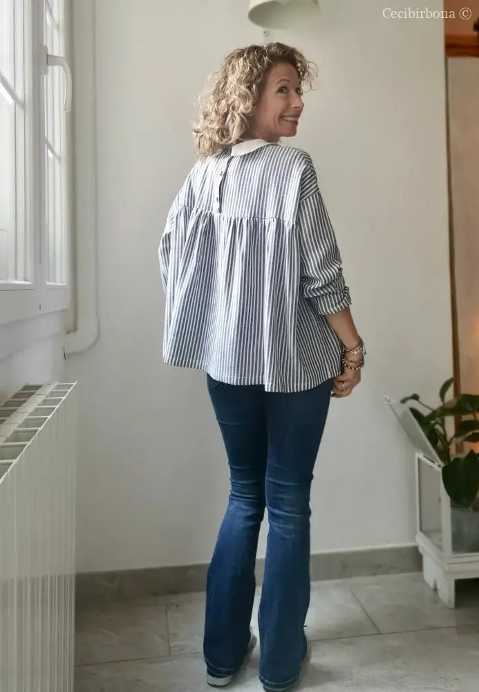 Camicia da donna in lino e cotone a righe blu e bianco con colletto tondo - camicia boho camicia donna