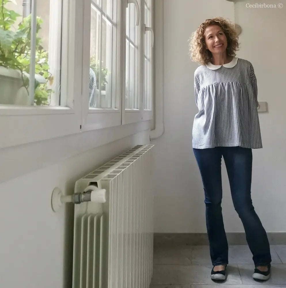 Camicia da donna in lino e cotone a righe blu e bianco con colletto tondo - camicia boho camicia donna