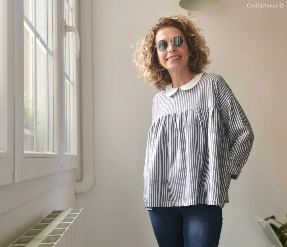 Camicia da donna in lino e cotone a righe blu e bianco con colletto tondo - camicia boho camicia donna