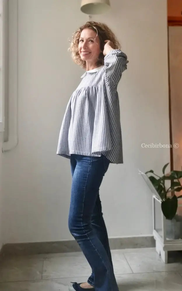 Camicia da donna in lino e cotone a righe blu e bianco con colletto tondo - camicia boho camicia donna