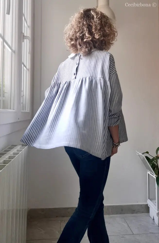 Camicia da donna in lino e cotone a righe blu e bianco con colletto tondo - camicia boho camicia donna