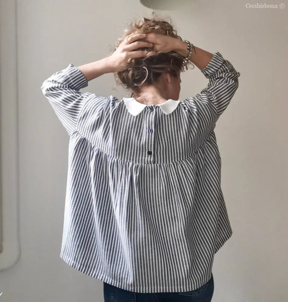 Camicia da donna in lino e cotone a righe blu e bianco con colletto tondo - camicia boho camicia donna