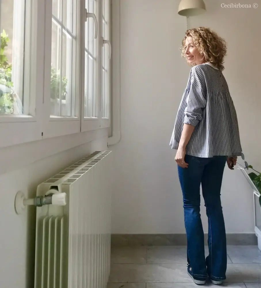 Camicia da donna in lino e cotone a righe blu e bianco con colletto tondo - camicia boho camicia donna