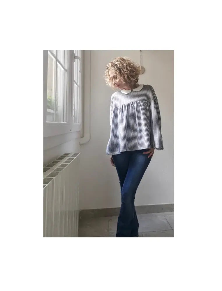 Camicia da donna in lino e cotone a righe blu e bianco con colletto tondo - camicia boho camicia donna