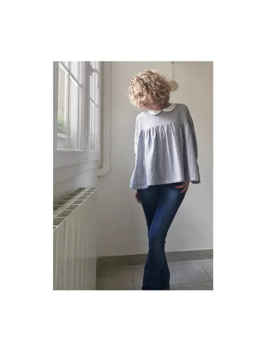 Camicia da donna in lino e cotone a righe blu e bianco con colletto tondo - camicia boho camicia donna