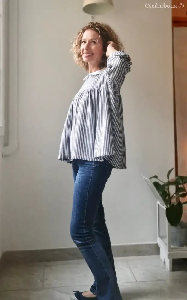 Camicia da donna in lino e cotone a righe blu e bianco con colletto tondo - camicia boho camicia donna