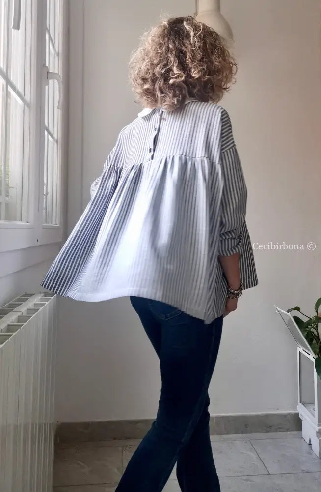 Camicia da donna in lino e cotone a righe blu e bianco con colletto tondo - camicia boho camicia donna