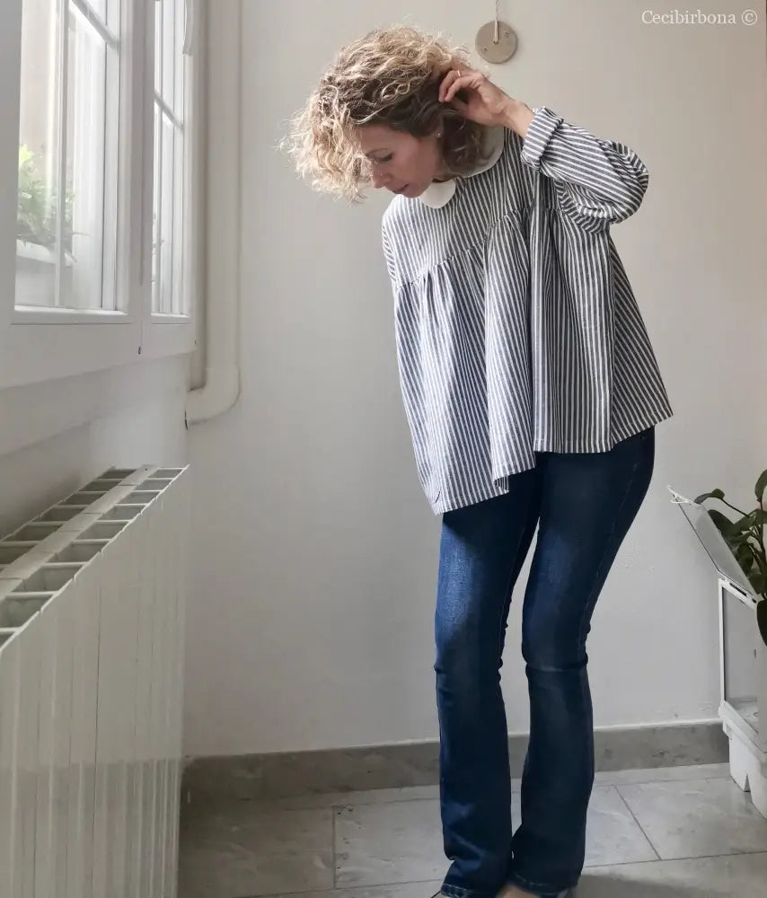 Camicia da donna in lino e cotone a righe blu e bianco con colletto tondo - camicia boho camicia donna