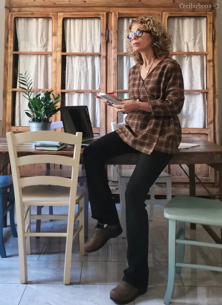 Camicia donna incrociata in lana tartan marrone (Ref. 99) camicia donna