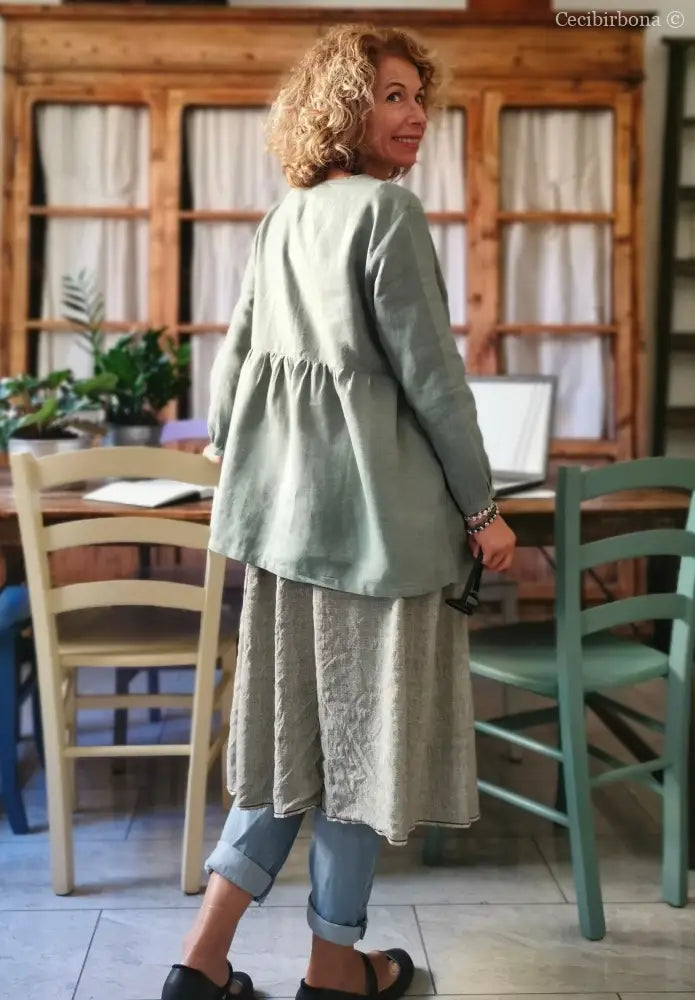 Camicia donna incrociata in lino verde salvia - tunica boho midi camicia donna