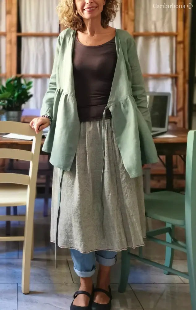 Camicia donna incrociata in lino verde salvia - tunica boho midi camicia donna