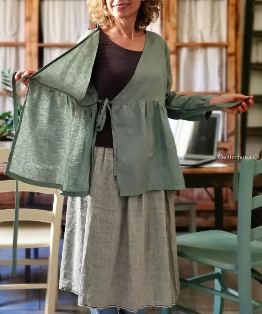 Camicia donna incrociata in lino verde salvia - tunica boho midi camicia donna