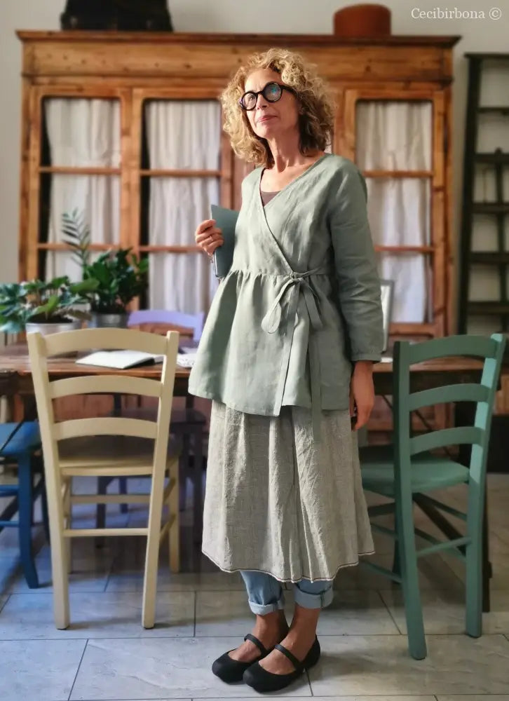 Camicia donna incrociata in lino verde salvia - tunica boho midi camicia donna