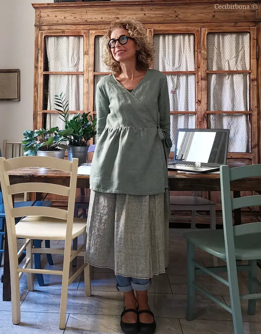 Camicia donna incrociata in lino verde salvia - tunica boho midi camicia donna