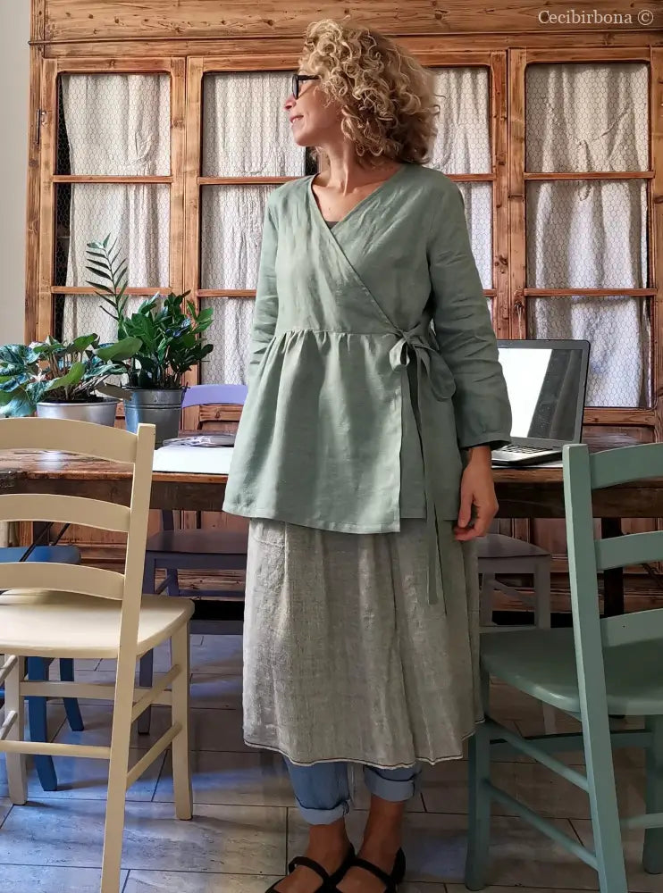 Camicia donna incrociata in lino verde salvia - tunica boho midi camicia donna