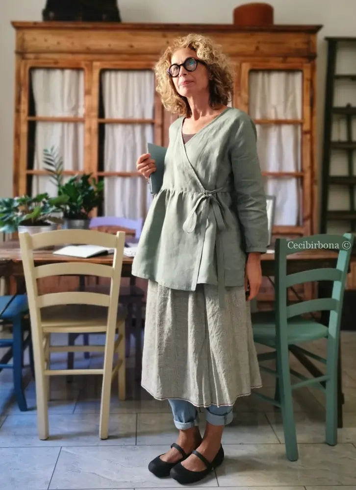 Camicia donna incrociata in lino verde salvia - tunica boho midi camicia donna